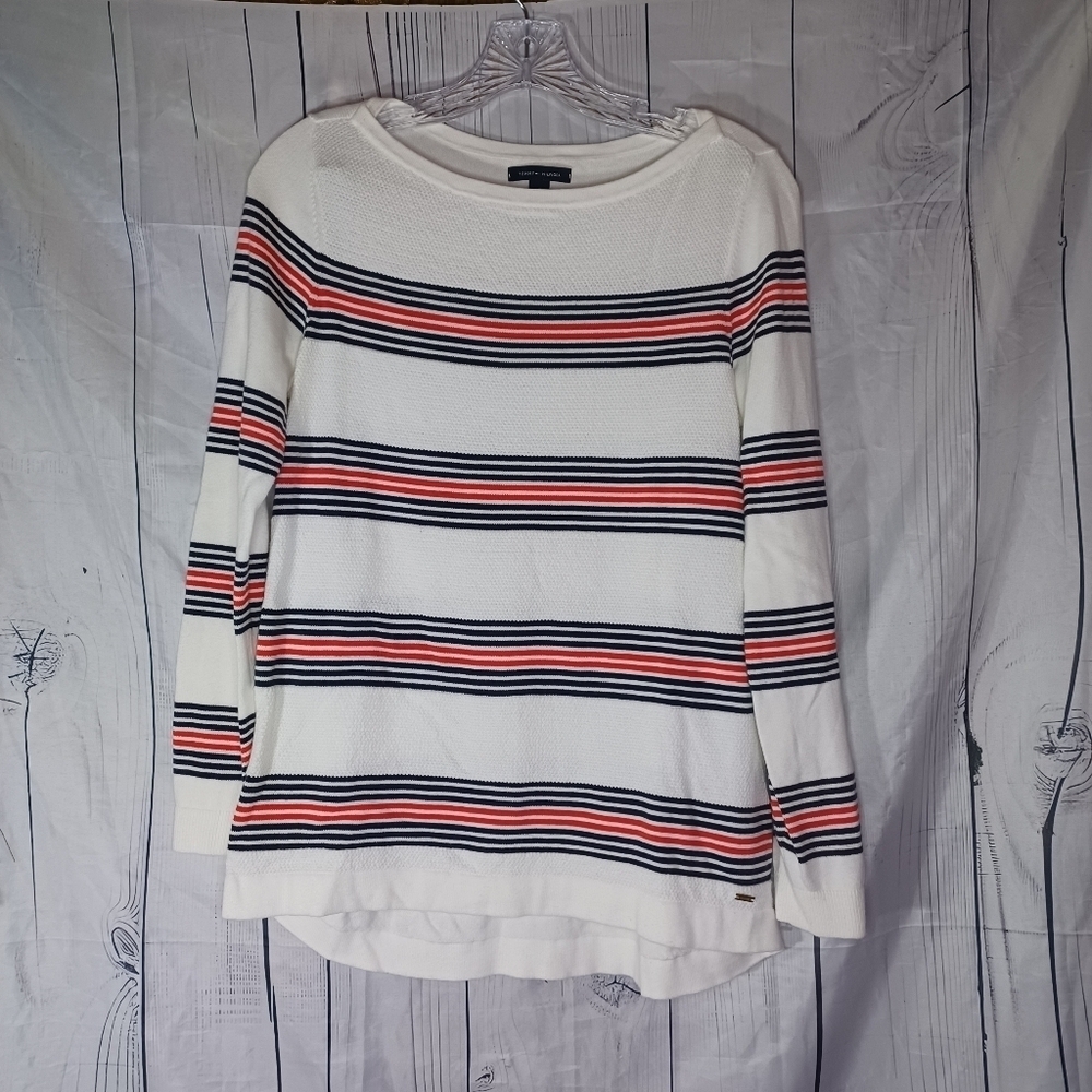 Tommy Hilfiger White Striped Nautical Preppy Long Sleeve Lightweight Sweater